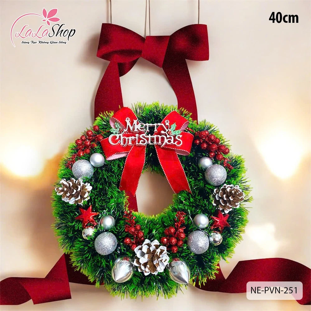 Vòng nguyệt quế Merry Christmas Nơ Đỏ Kèm Quả Thông Trang Trí Noel