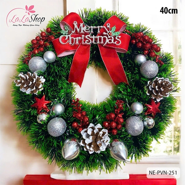 Vòng nguyệt quế Merry Christmas Nơ Đỏ Kèm Quả Thông Trang Trí Noel