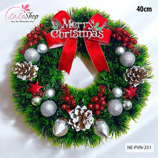 Vòng nguyệt quế Merry Christmas Nơ Đỏ Kèm Quả Thông Trang Trí Noel