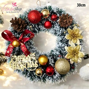 Vòng nguyệt quế noel trang trí quả châu đỏ vàng và nơ đỏ 30cm