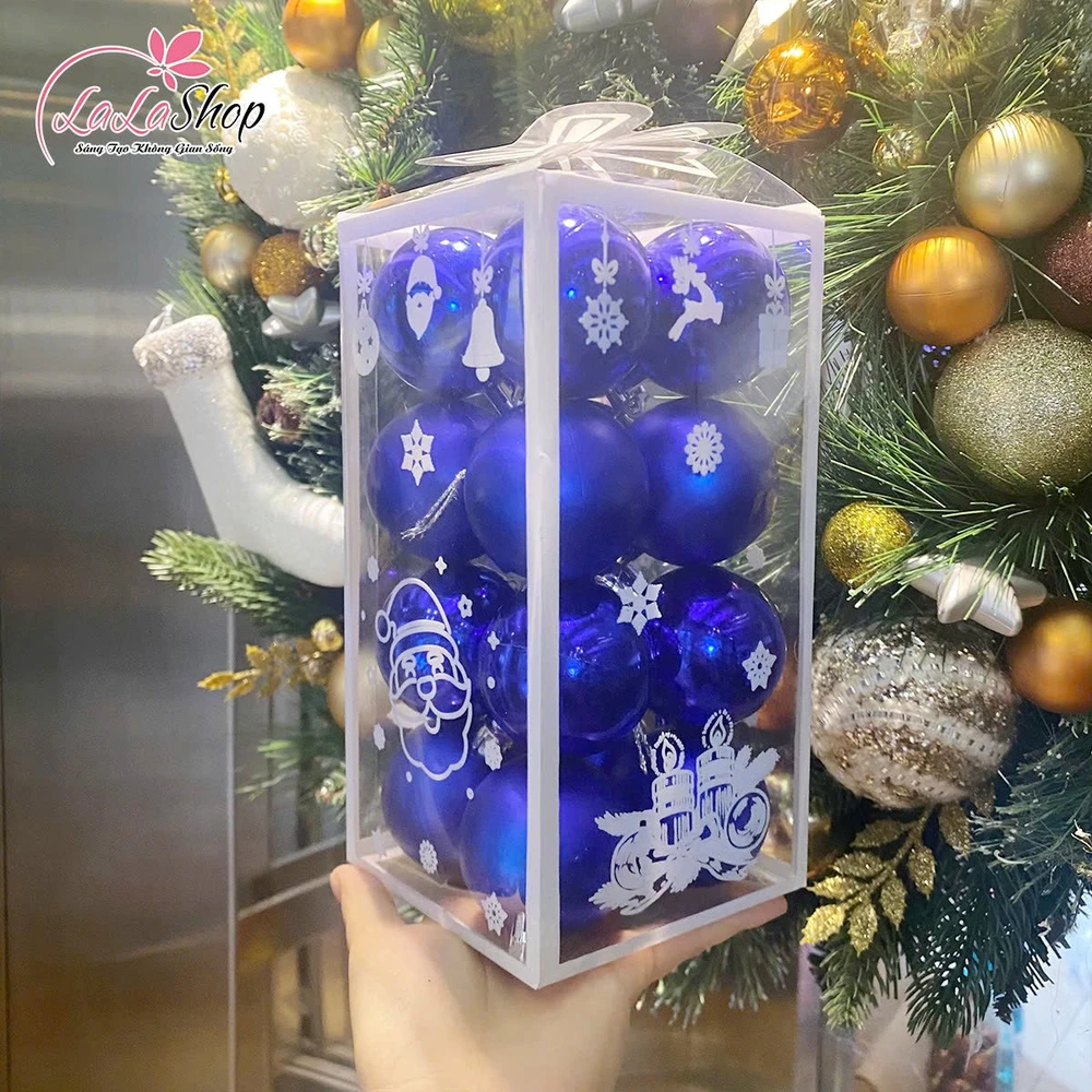 Hộp 16 quả châu xanh dương 5cm trang trí cây thông giáng sinh