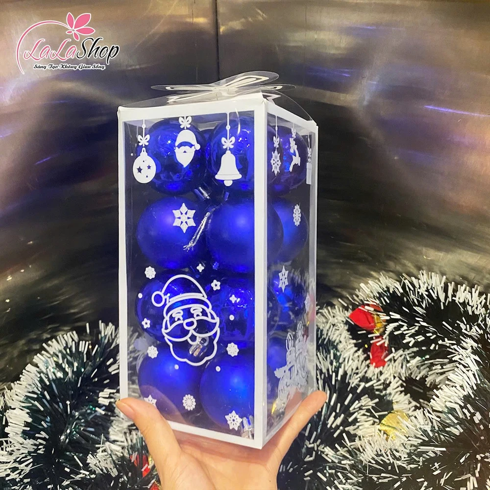 Hộp 16 quả châu xanh dương 5cm trang trí cây thông giáng sinh