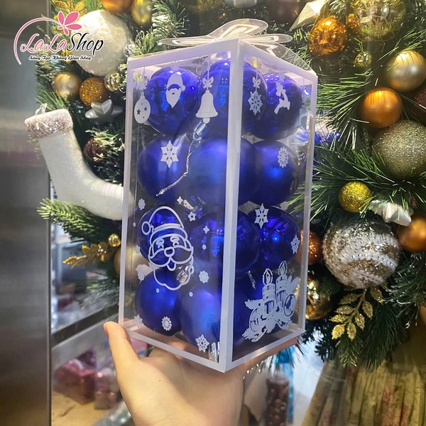 Hộp 16 quả châu xanh dương 5cm trang trí cây thông giáng sinh