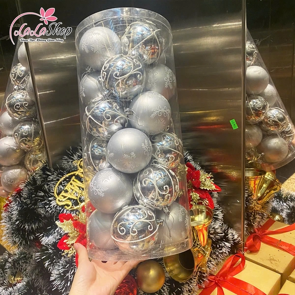 Hộp 24 quả châu 8cm họa tiết xinh xắn trang trí cây thông noel