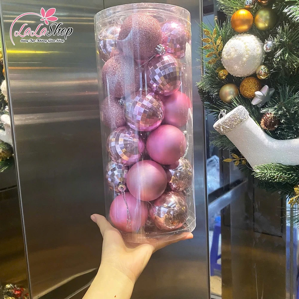 Hộp 24 quả châu 6cm nhiều màu họa tiết lấp lánh trang trí cây thông noel