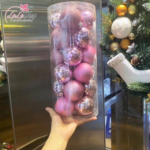 Hộp 24 quả châu 6cm nhiều màu họa tiết lấp lánh trang trí cây thông noel