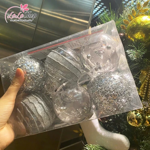 Hộp 12 quả châu 8cm màu trắng trong suốt kim tuyến lấp lánh