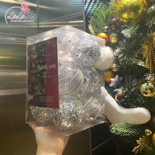 Hộp 12 quả châu 8cm màu trắng trong suốt kim tuyến lấp lánh