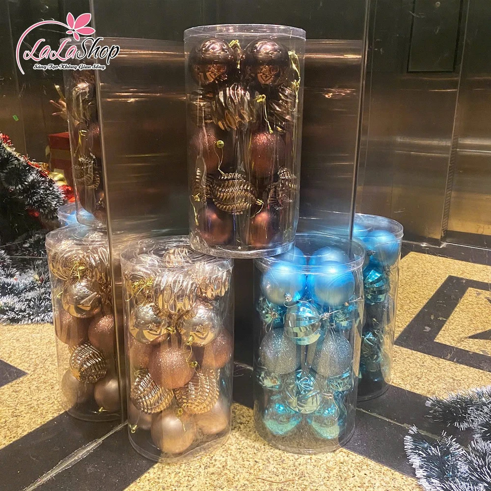 Hộp 20 quả châu 8cm họa tiết đủ loại nhiều màu trang trí noel