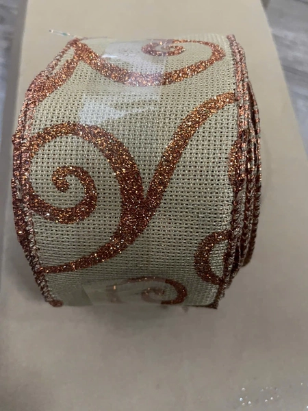 Cuộn ruy băng vải họa tiết nâu phủ kim tuyến trang trí noel