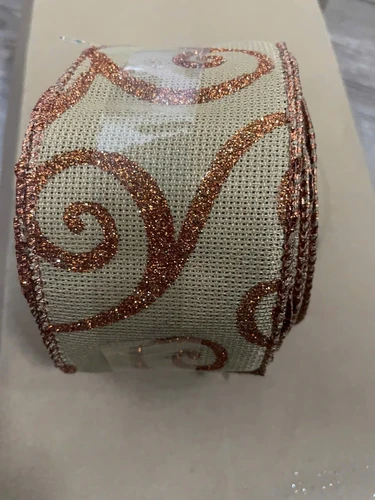 Cuộn ruy băng vải họa tiết nâu phủ kim tuyến trang trí noel