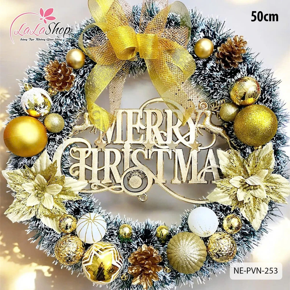 Vòng nguyệt quế noel trang trí quả châu vàng và nơ vàng 50cm