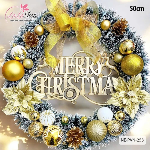 Vòng nguyệt quế noel trang trí quả châu vàng và nơ vàng 50cm