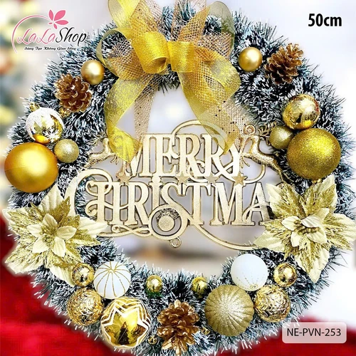 Vòng nguyệt quế noel trang trí quả châu vàng và nơ vàng 50cm