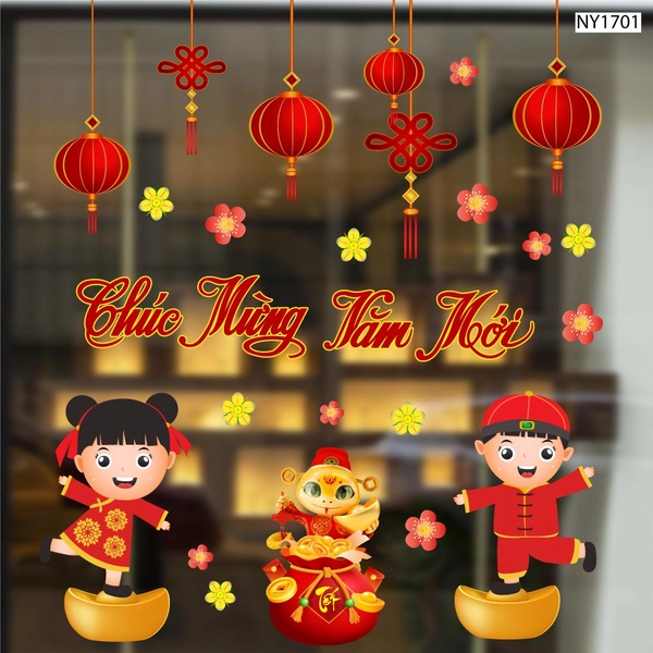 Decal Trang Trí Tết Chúc Mừng Năm Mới Thiếu Nhi Và Lồng Đèn 2025