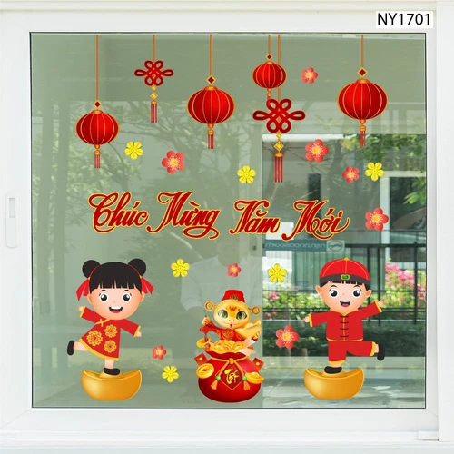 Decal Trang Trí Tết Chúc Mừng Năm Mới Thiếu Nhi Và Lồng Đèn 2025
