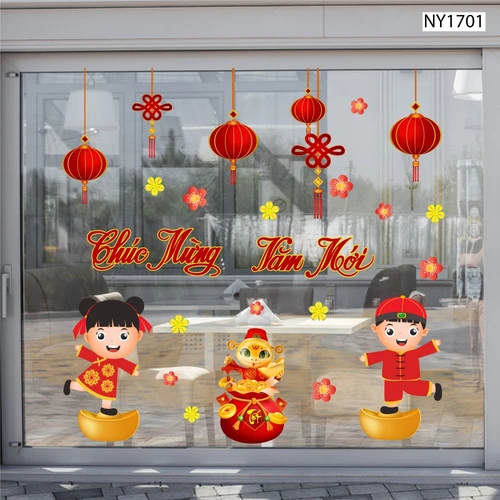 Decal Trang Trí Tết Chúc Mừng Năm Mới Thiếu Nhi Và Lồng Đèn 2025