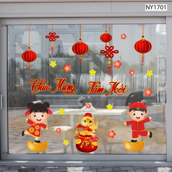 Decal Trang Trí Tết Chúc Mừng Năm Mới Thiếu Nhi Và Lồng Đèn 2025