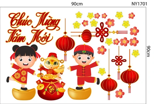 Decal Trang Trí Tết Chúc Mừng Năm Mới Thiếu Nhi Và Lồng Đèn 2025