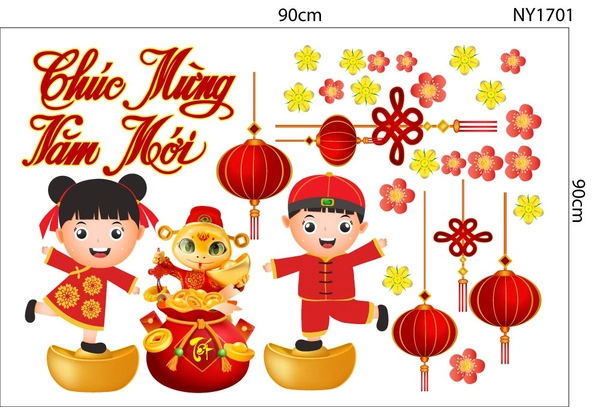 Decal Trang Trí Tết Chúc Mừng Năm Mới Thiếu Nhi Và Lồng Đèn 2025