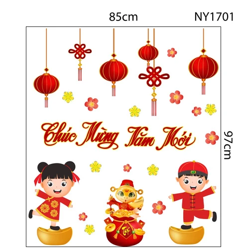 Decal Trang Trí Tết Chúc Mừng Năm Mới Thiếu Nhi Và Lồng Đèn 2025