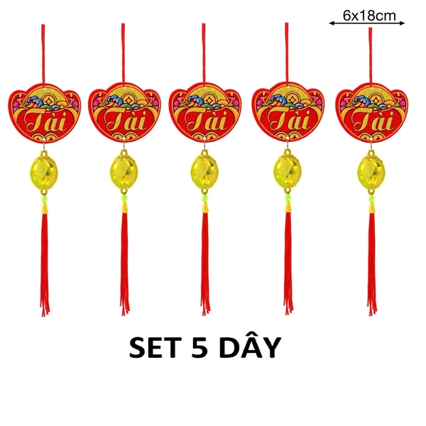 Set 5 dây lộc treo nhung đỏ hình thỏi vàng tài lộc