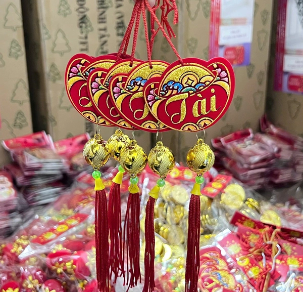 Set 5 dây lộc treo nhung đỏ hình thỏi vàng tài lộc