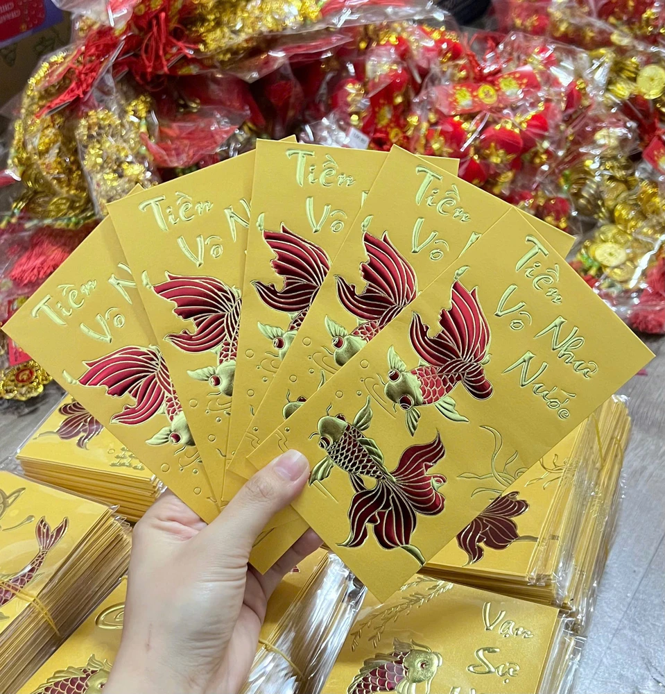 Combo 6 Bao Lì Xì In Nổi 3D Màu Vàng Cá Chép Đỏ Tiền Vô Như Nước