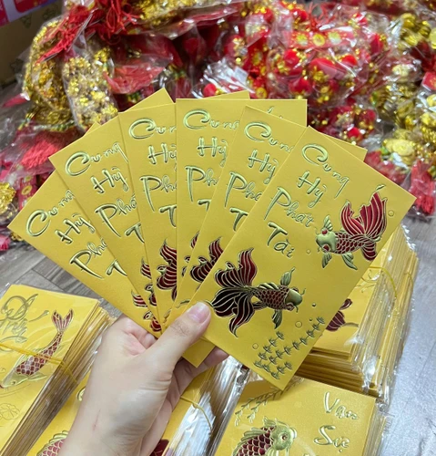 Combo 6 Bao Lì Xì In Nổi 3D Màu Vàng Cá Chép Mừng Xuân Cung Hỷ Phát Tài