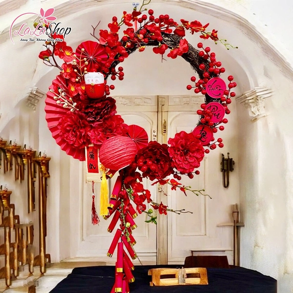 Vòng hoa đào đông và dây pháo đỏ xuân phúc lộc treo cửa 50cm trang trí tết