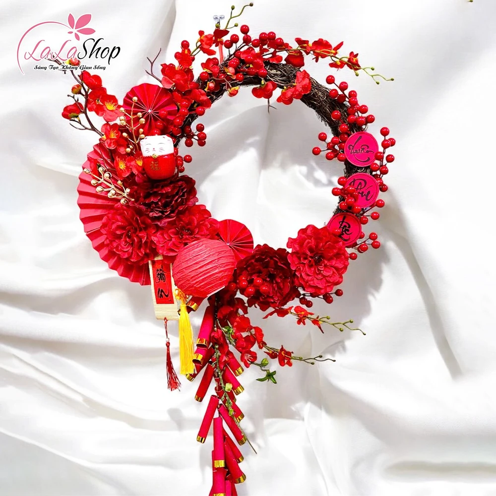 Vòng hoa đào đông và dây pháo đỏ xuân phúc lộc treo cửa 50cm trang trí tết