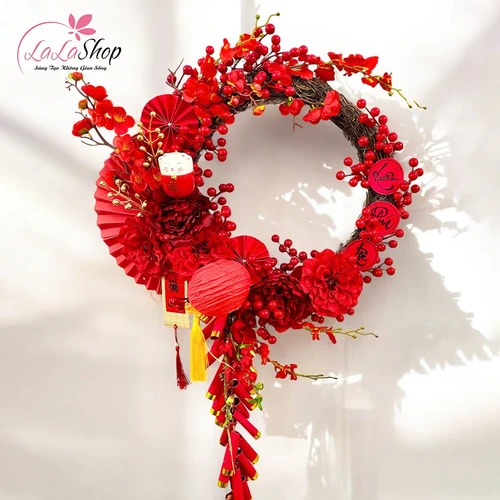 Vòng hoa đào đông và dây pháo đỏ xuân phúc lộc treo cửa 50cm trang trí tết