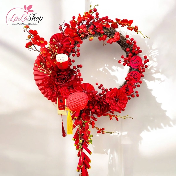 Vòng hoa đào đông và dây pháo đỏ xuân phúc lộc treo cửa 50cm trang trí tết
