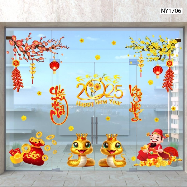 Combo Decal Trang Trí Tết Ất Tỵ thần tài gõ cửa rước lộc vào nhà