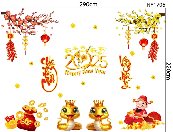 Combo Decal Trang Trí Tết Ất Tỵ thần tài gõ cửa rước lộc vào nhà