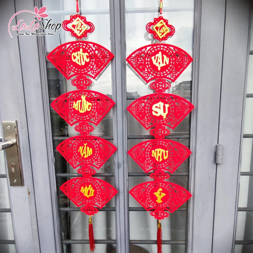 Cặp liễn câu đối quạt đỏ 1m Chúc mừng năm mới - Vạn sự như ý