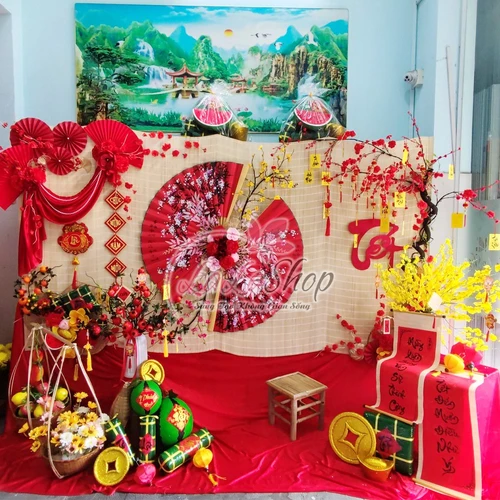 Tiểu Cảnh Trang Trí Mành Tre Quạt Hoa Anh Đào Rực Rỡ Mừng Xuân Sum Vầy