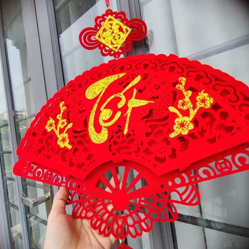 Liễn quạt nhung đỏ chữ Tết vàng treo cửa trang trí tết tài lộc