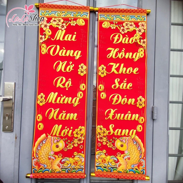 Bộ liễn câu đối Mai Vàng Nở Rộ Mừng Năm Mới  - Đào Hồng Khoe Sắc Đón Xuân Sang (Cá Chép)