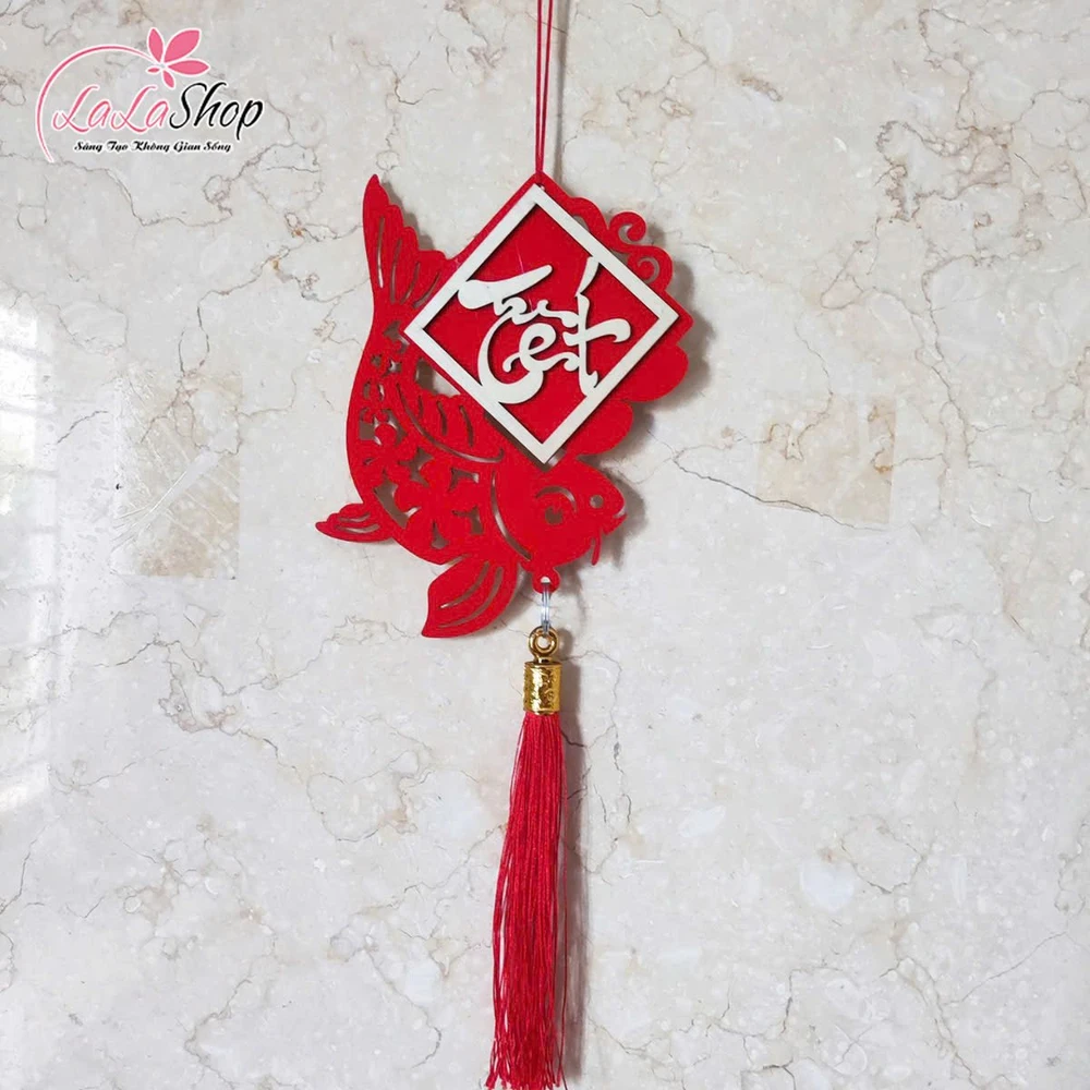 Lộc treo tết cá chép đỏ chữ thư pháp trang trí tết