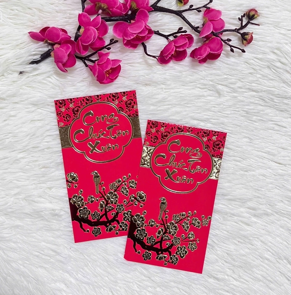 Combo 6 Bao Lì Xì In Nổi 3D Màu Đỏ Hoa Mai Cung Chúc Tân Xuân