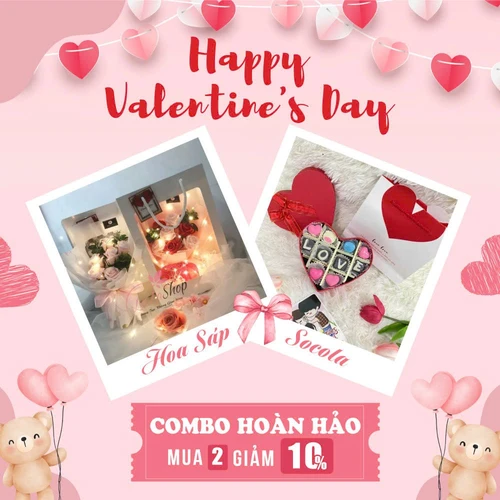 Set Quà Tặng Valentine Túi Hoa Hồng Sáp Và Socola Chữ Love