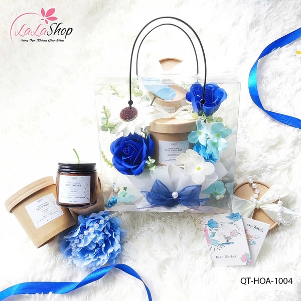 Hộp Mica hoa sáp thơm và nến tone xanh dương quà tặng ngọt ngào ý nghĩa