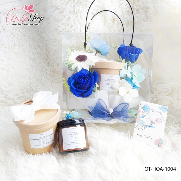 Hộp Mica hoa sáp thơm và nến tone xanh dương quà tặng ngọt ngào ý nghĩa