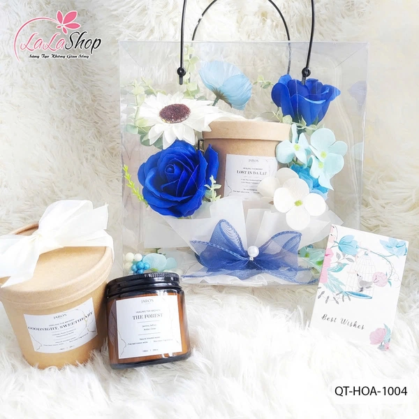 Hộp Mica hoa sáp thơm và nến tone xanh dương quà tặng ngọt ngào ý nghĩa