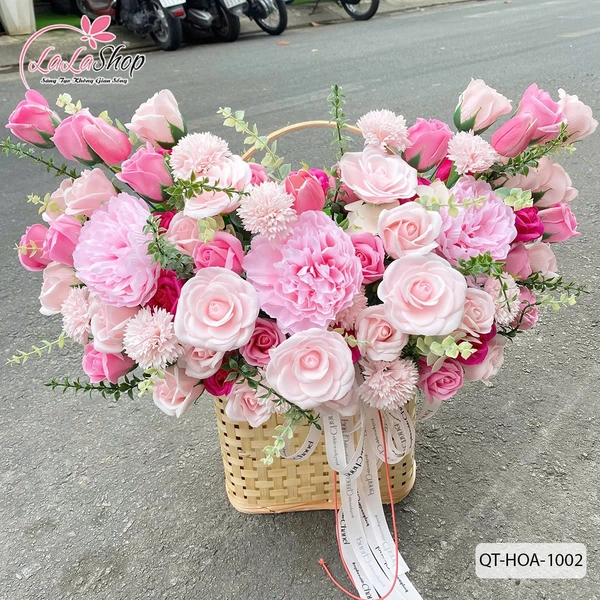 Chậu Hoa Mẫu Đơn Hồng Mix Hoa Sáp Thơm Món Quà Ý Nghĩa