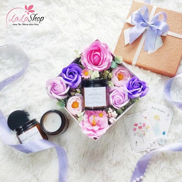 Hộp quà tặng hoa sáp và nến thơm nhiều màu sắc quà tặng ngọt ngào ý nghĩa