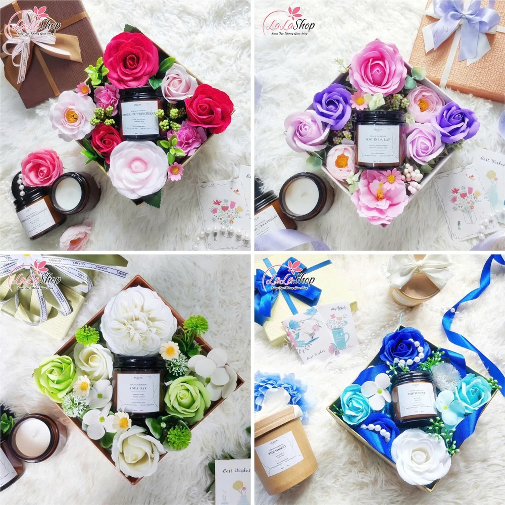 Hộp quà tặng hoa sáp và nến thơm nhiều màu sắc quà tặng ngọt ngào ý nghĩa