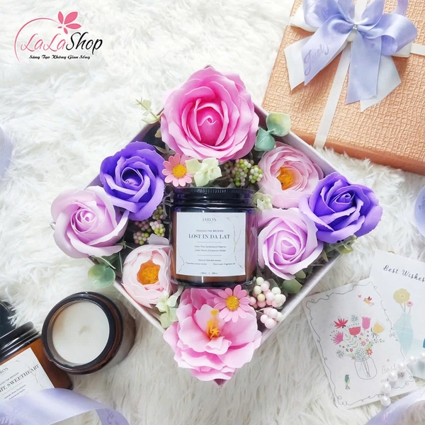 Hộp quà tặng hoa sáp và nến thơm nhiều màu sắc quà tặng ngọt ngào ý nghĩa