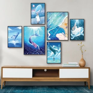 Set 6 Tranh Dán Tường Cảnh Biển Nàng Tiên Cá Và Cá Heo Size lớn: gồm 4 tranh 20x30cm và 2 tranh 30x40cm (S)